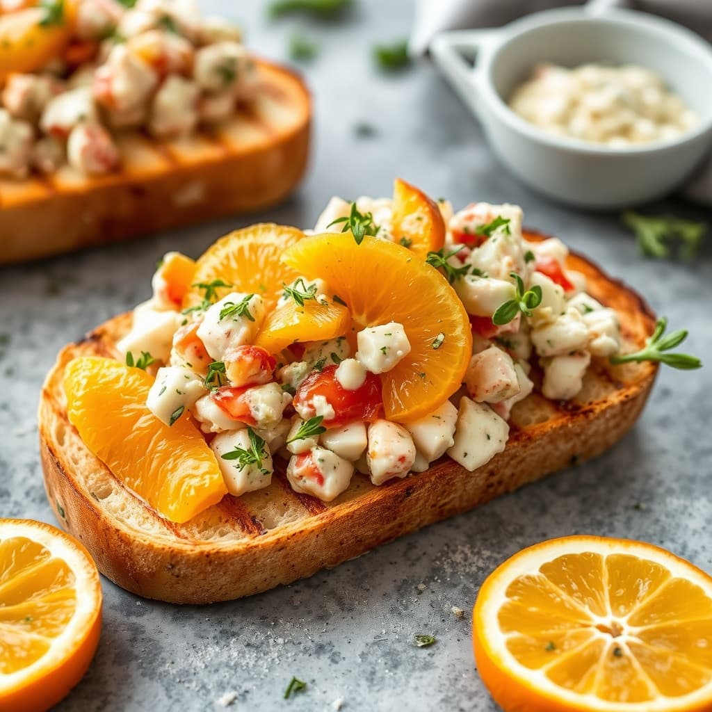 Krepsesalat med appelsin og oregano på grillet surdeigsbrød