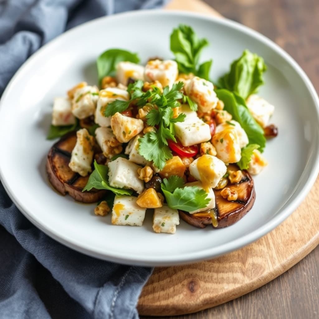 Krepsesalat med grillede portobelloburgere og valnøttvinaigrette