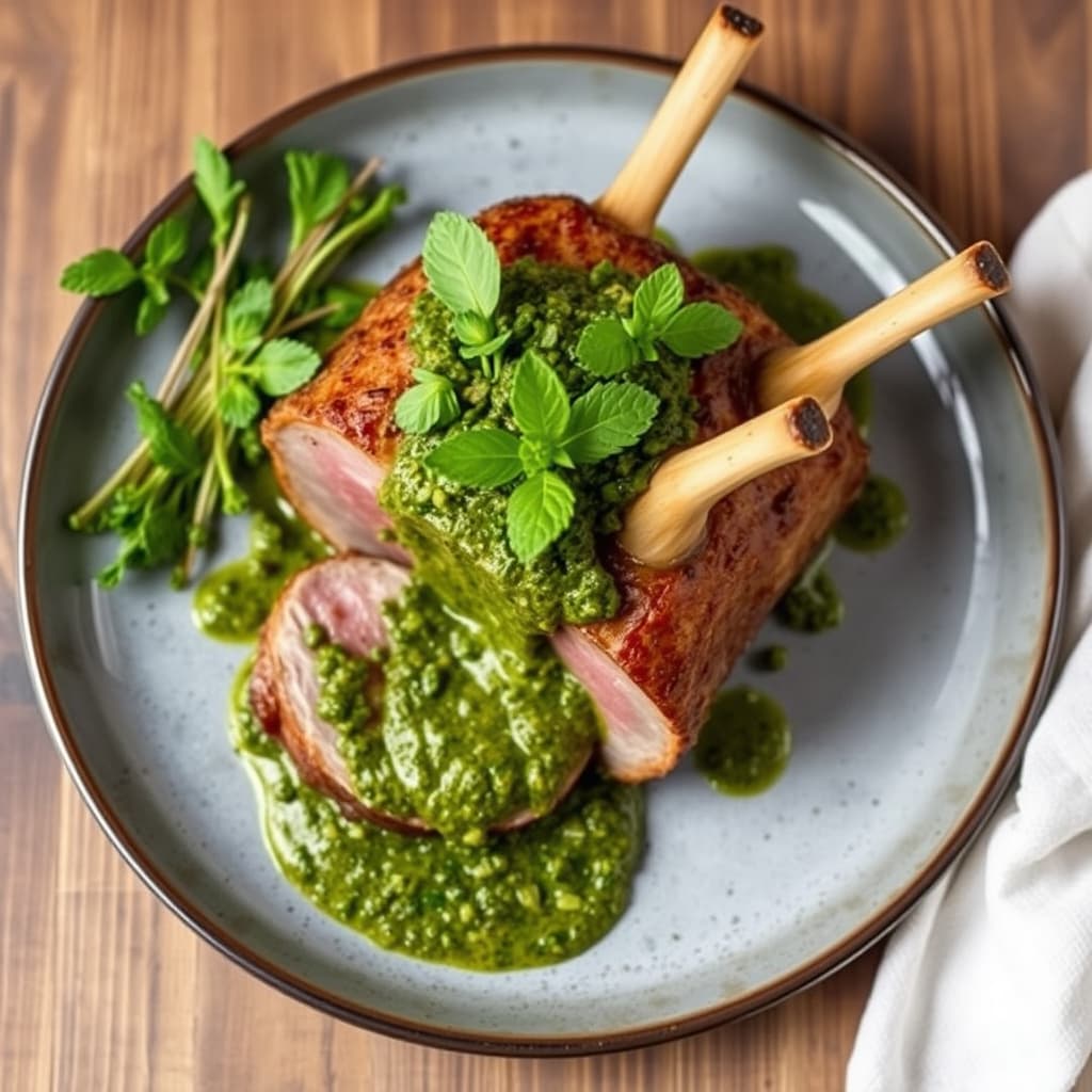 Kronestek av lam med mynte- og vårløkpesto
