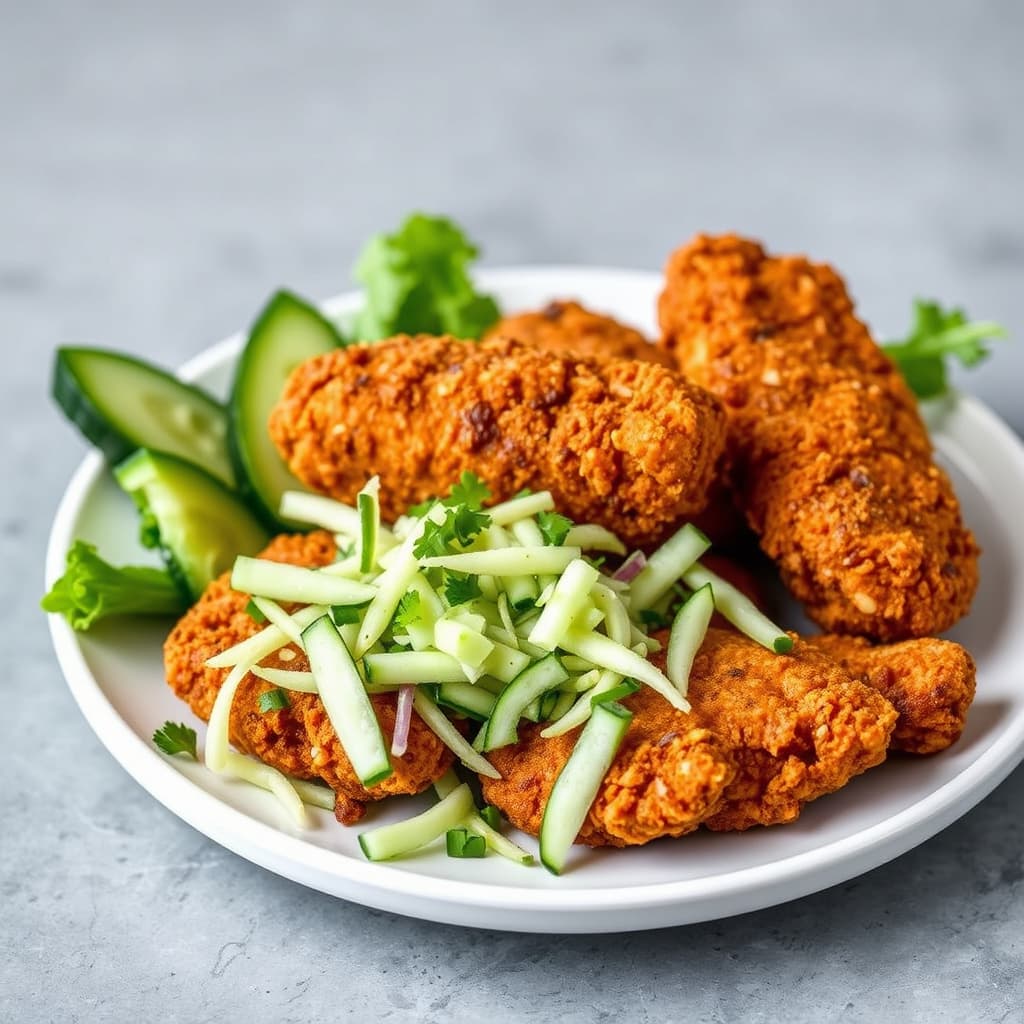 Krydrede Chipotle-friterte kyllingstrimler med frisk agurkslaw
