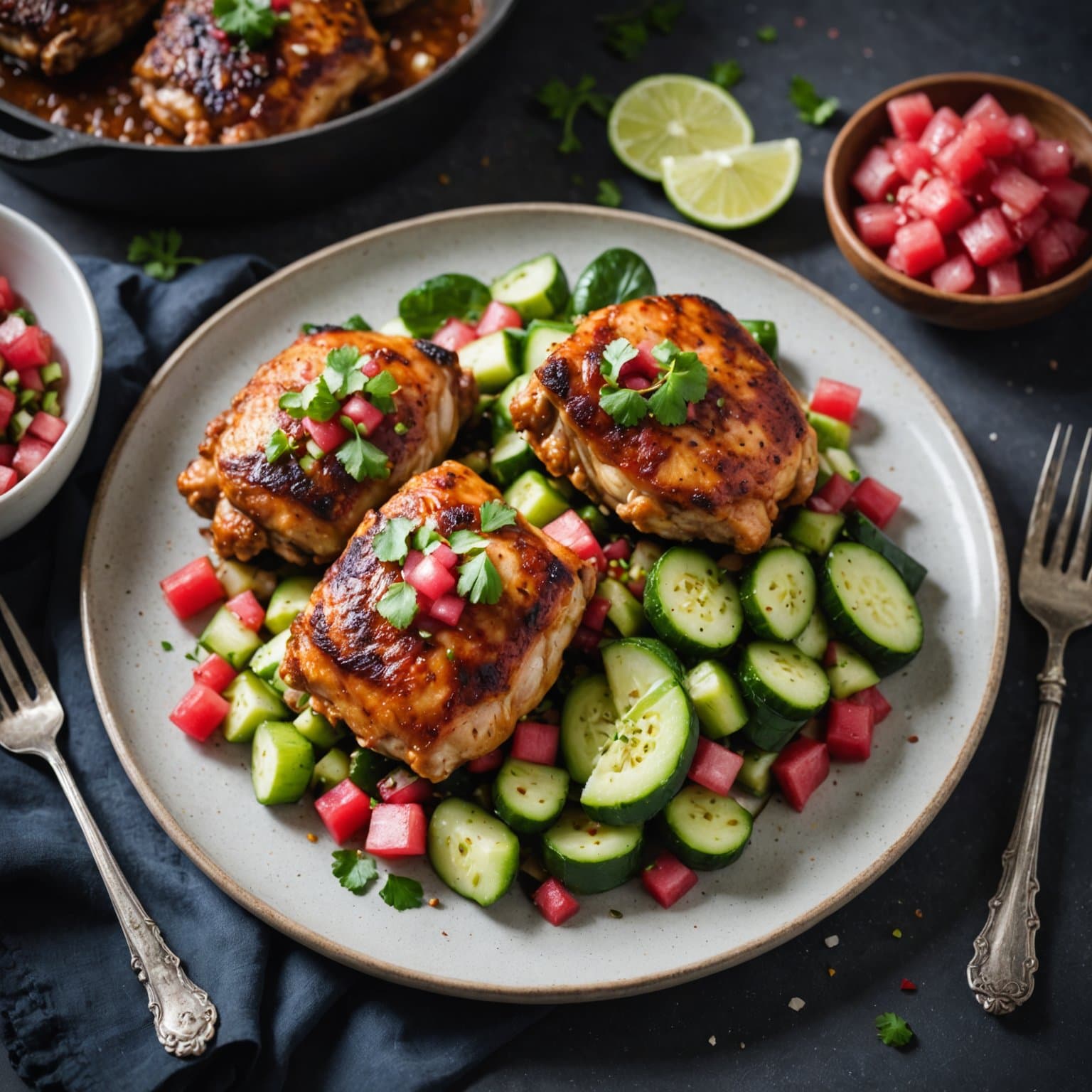 Krydrede kyllinglår med rabarbra- agurksalsa