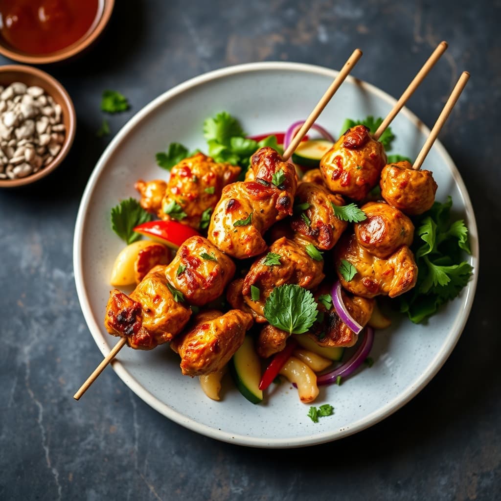 Krydrede kyllingsatay med urter og grønnsaker