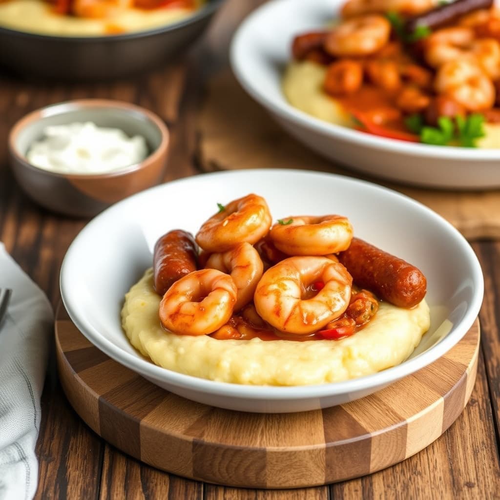 Krydrede reker og andouille-pølse servert over grits