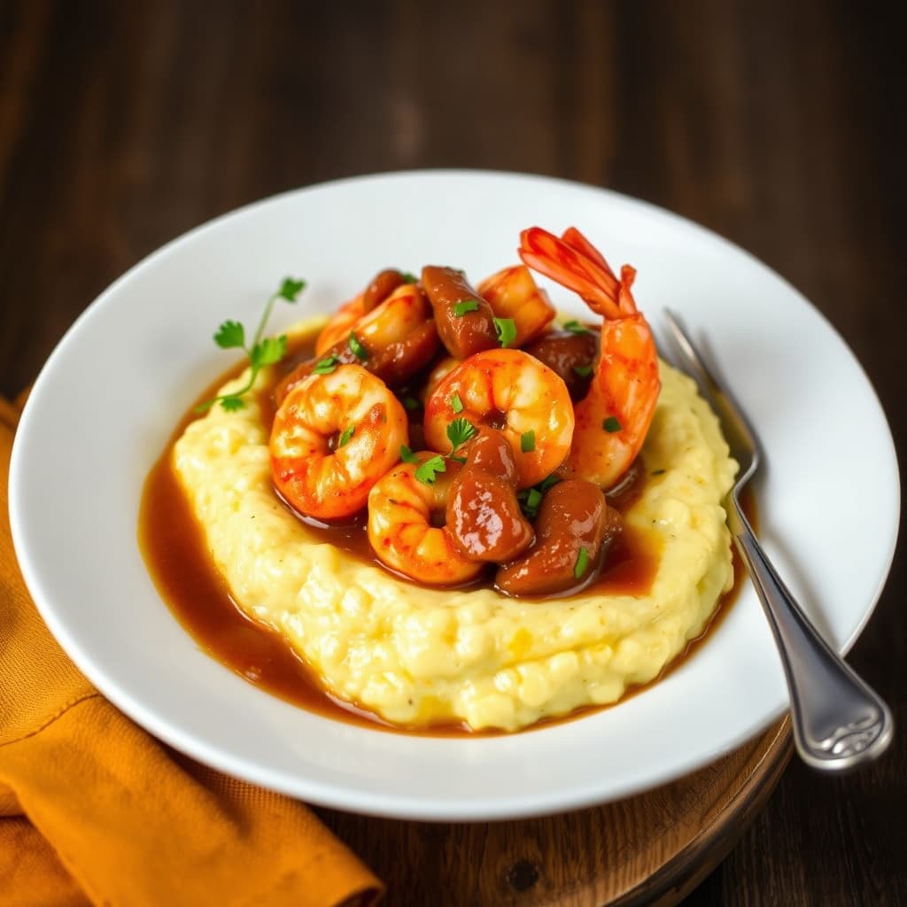 Krydrede reker og grits med andouille-pølse og rød øye-saus