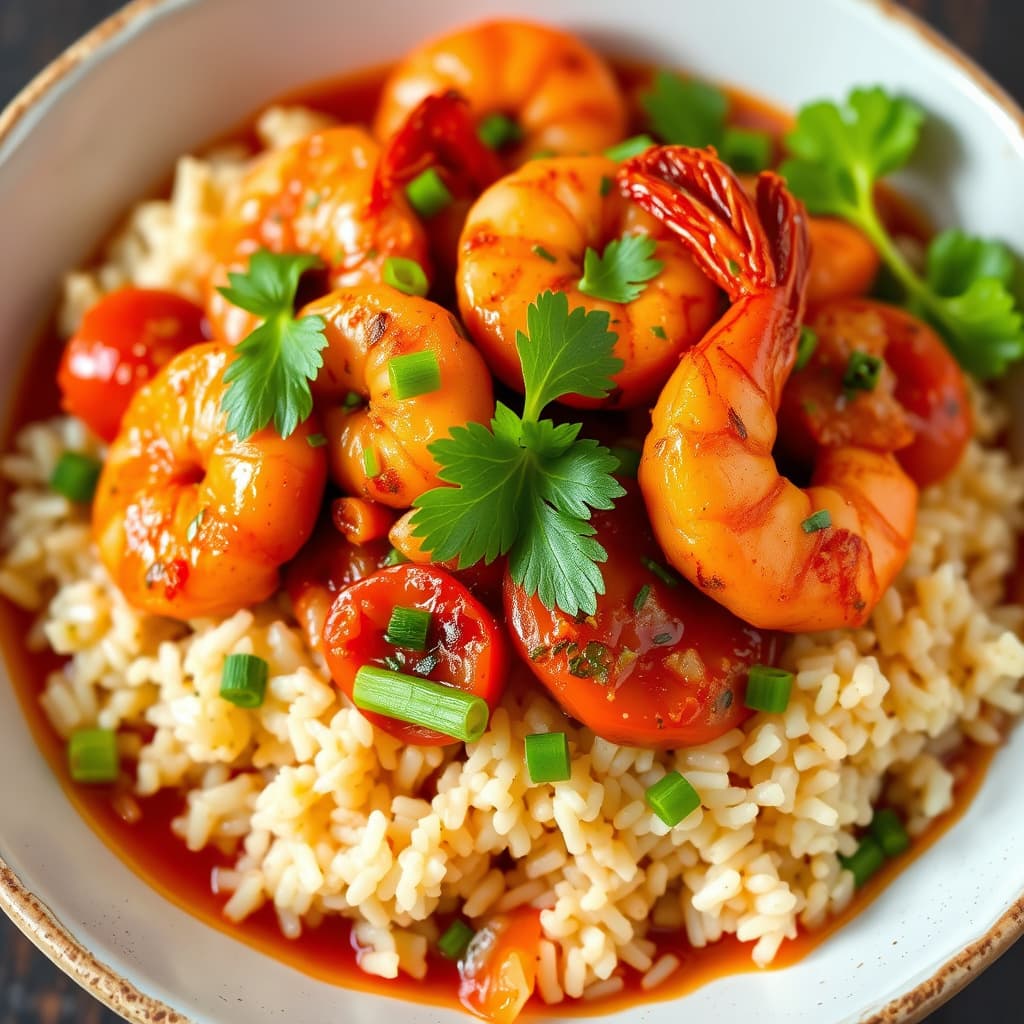 Krydrede reker og tomater med vårløkrisotto