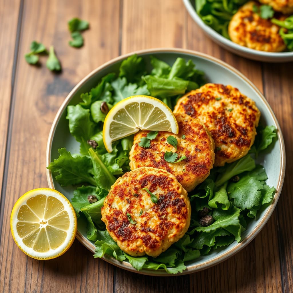 Krydrede sitronkrabbekaker på blandet grønt