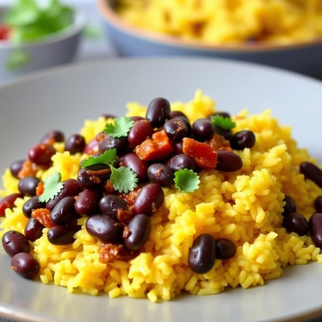 Krydrede svarte bønner og gult ris