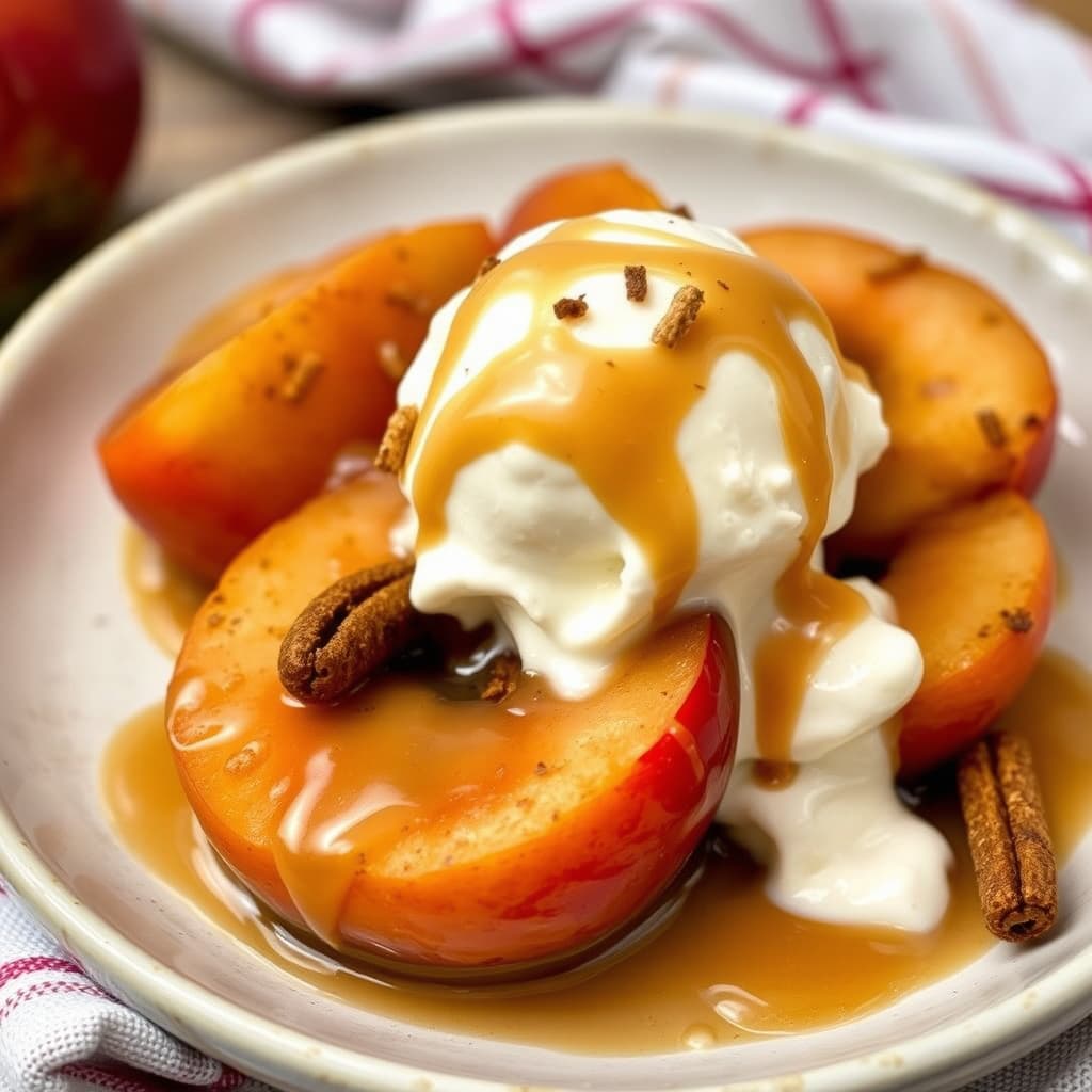 Krydrede varme epler med dulce de leche-is.