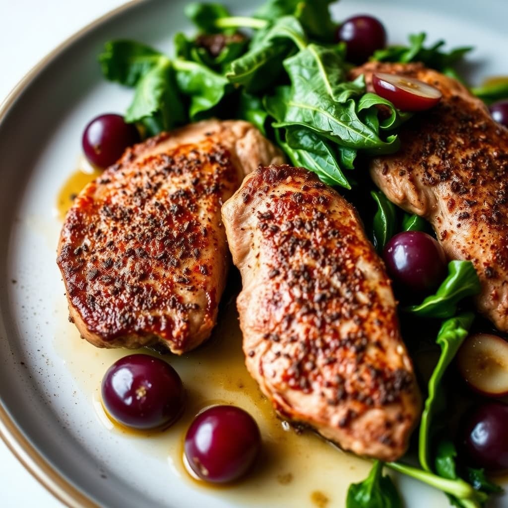 Krydret and med krydderblanding, servert med ovnsbakte druer og cavolo nero