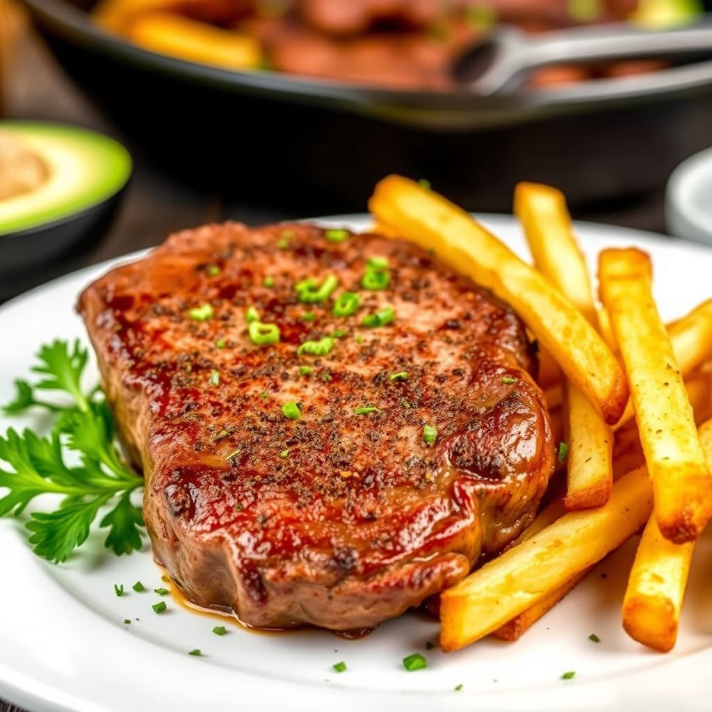 Krydret biff med hvitløksfrites på kort tid