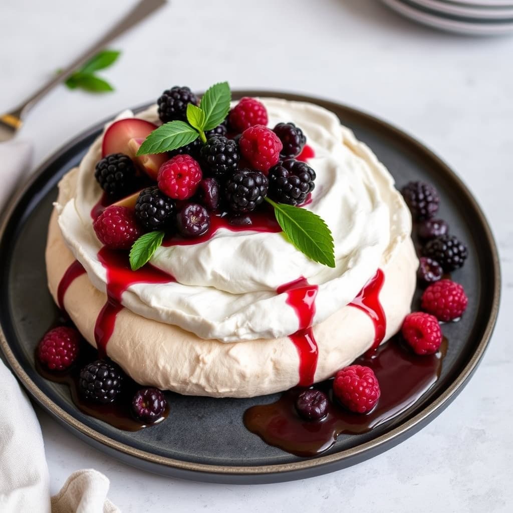 Krydret bjørnebær-, kvitten- og eplepavlova