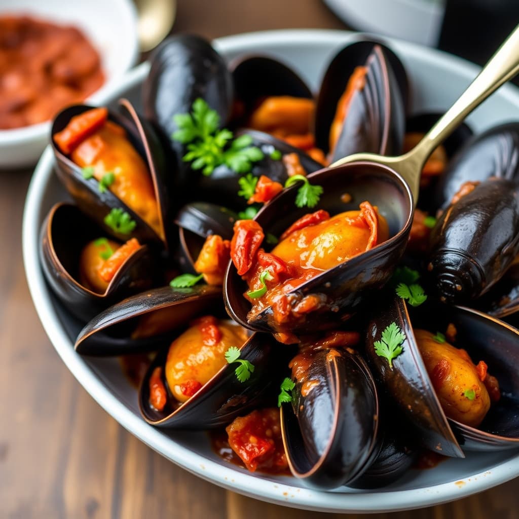 Krydret blåskjell med chorizo og vin