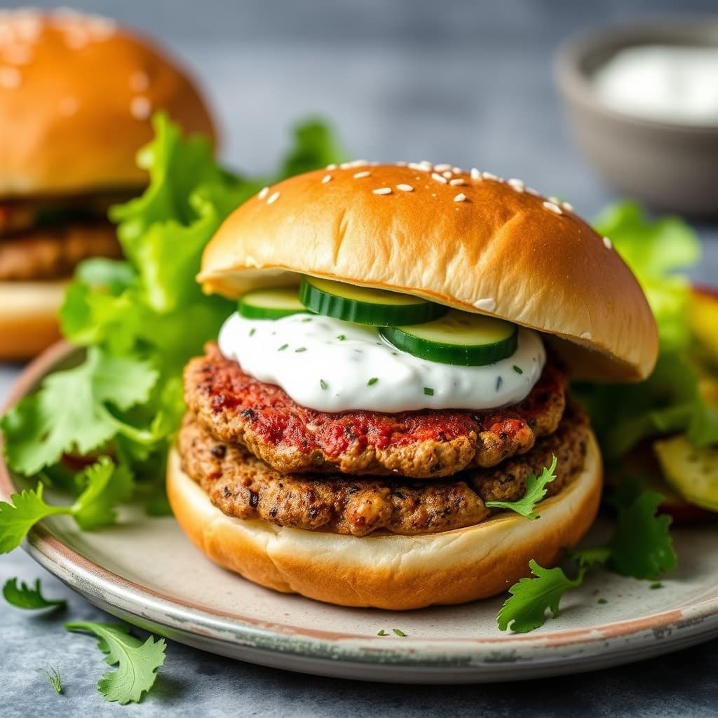 Krydret burger med agurk- og yoghurtfyll