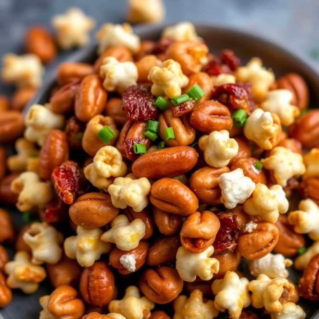 Krydret chipotle-miksede nøtter med bacon og popcorn