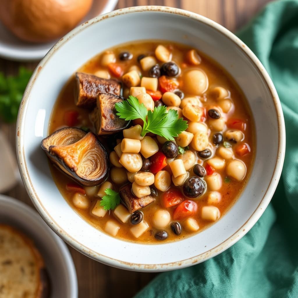 Krydret chipotle-, portobello- og hominy-suppe