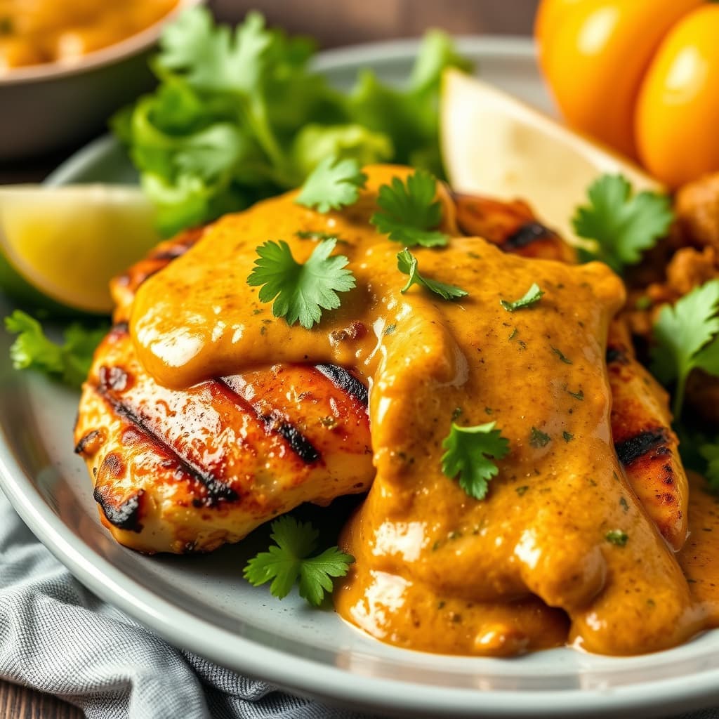 Krydret grillet kylling med kremet gresskar-mole-saus