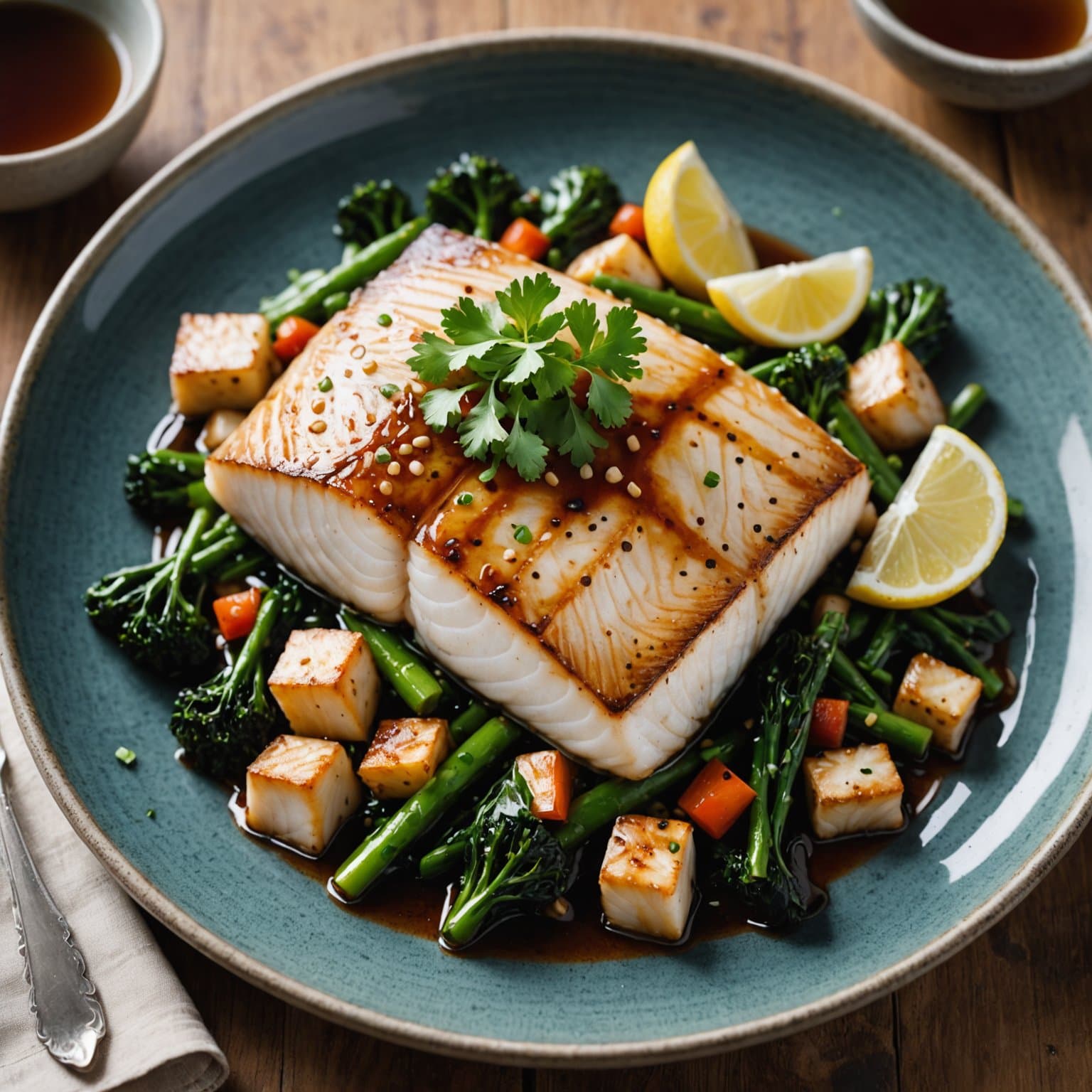 Krydret hellefisk i soy-ingefærdressing