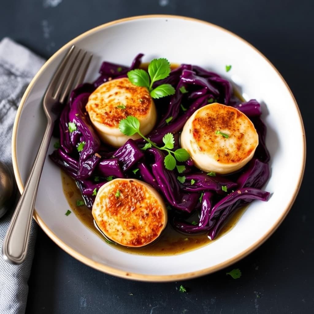 Krydret kamskjell med balsamico-sjyksautert rødkål