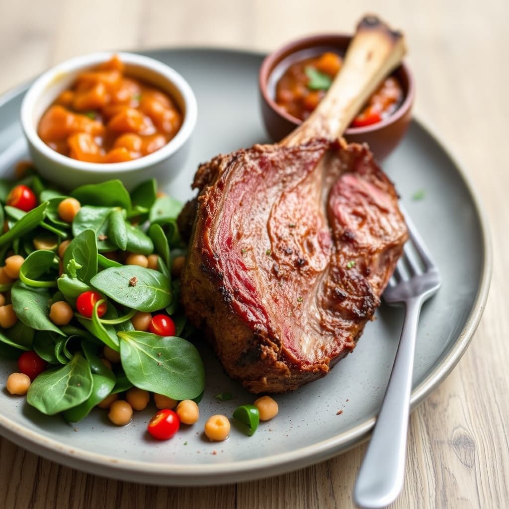 Krydret lammelår med aprikos-chutney og salat av kikerter, tomat og spinat