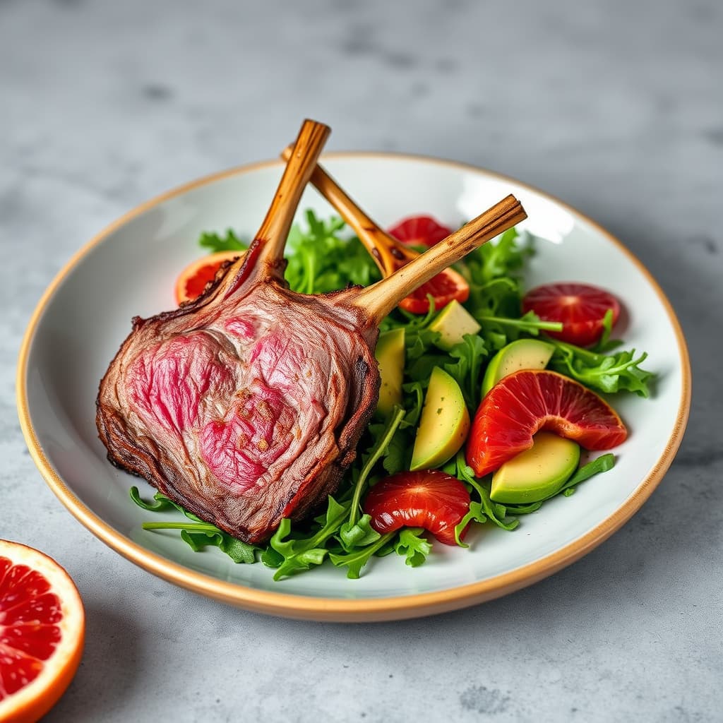 Krydret lammerack for to med ruccola, avokado og blodappelsinsalat