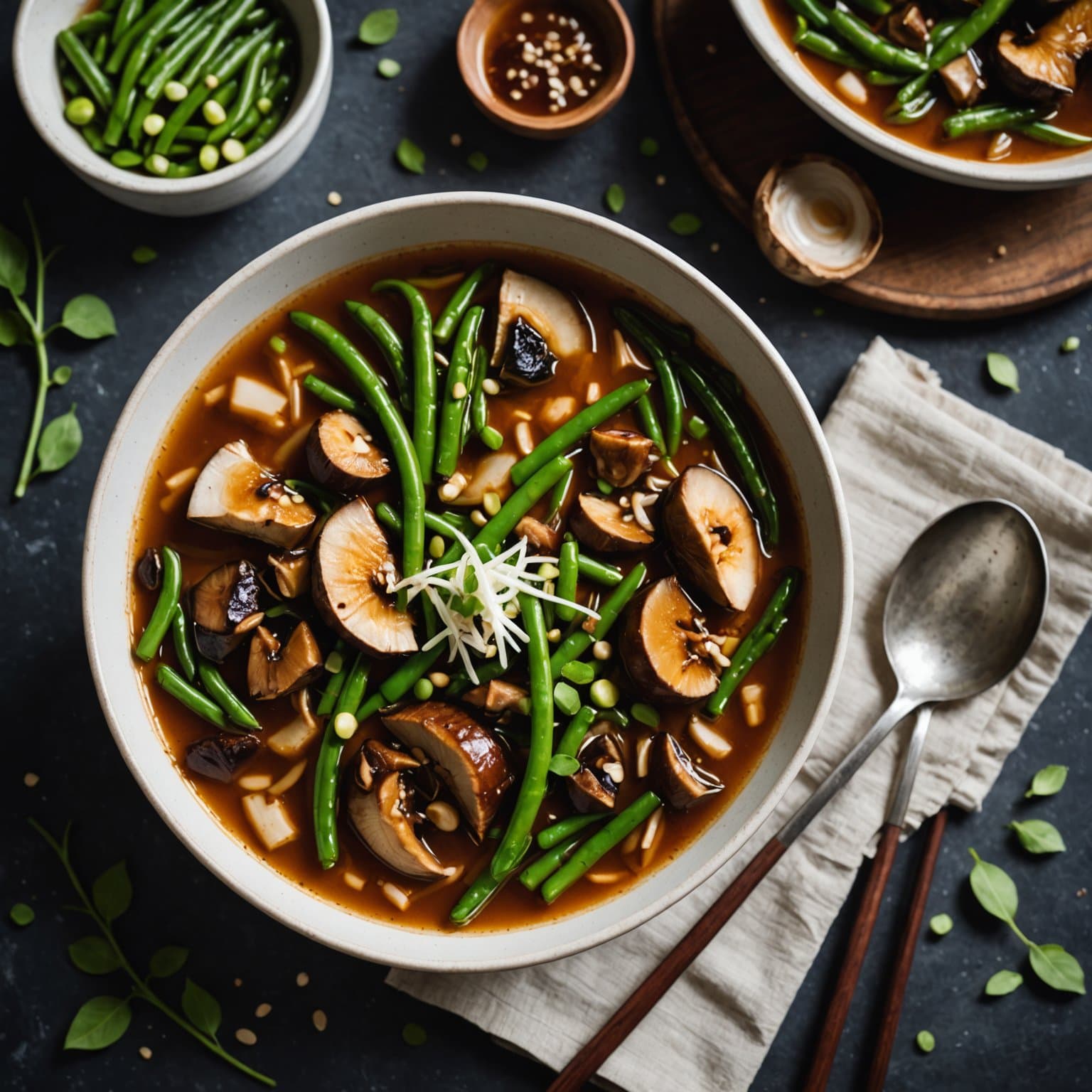 Krydret misosuppe med ovnsbakte shiitakesopp og grønne bønner