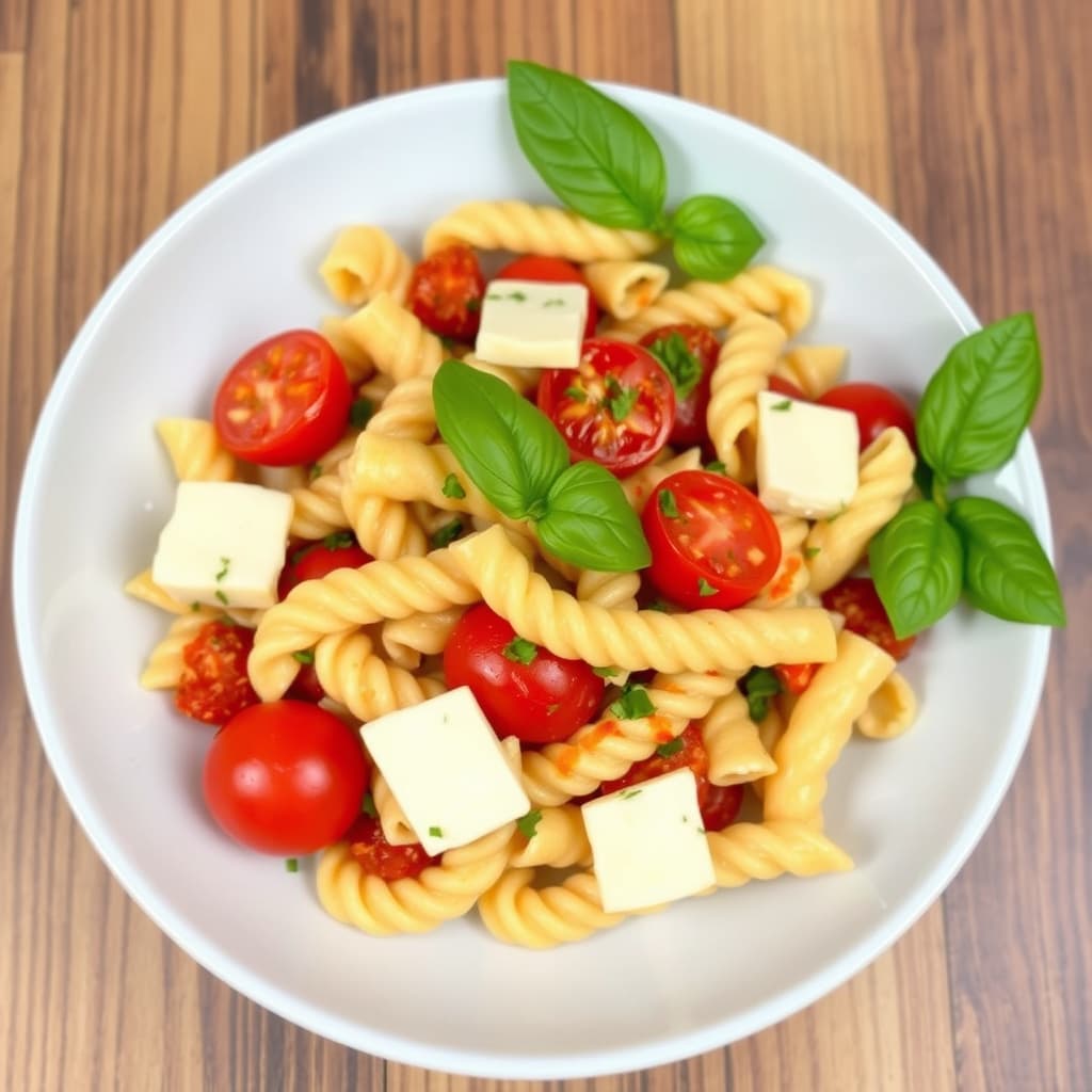 Krydret pastasalat med røkt gouda, tomater og basilikum