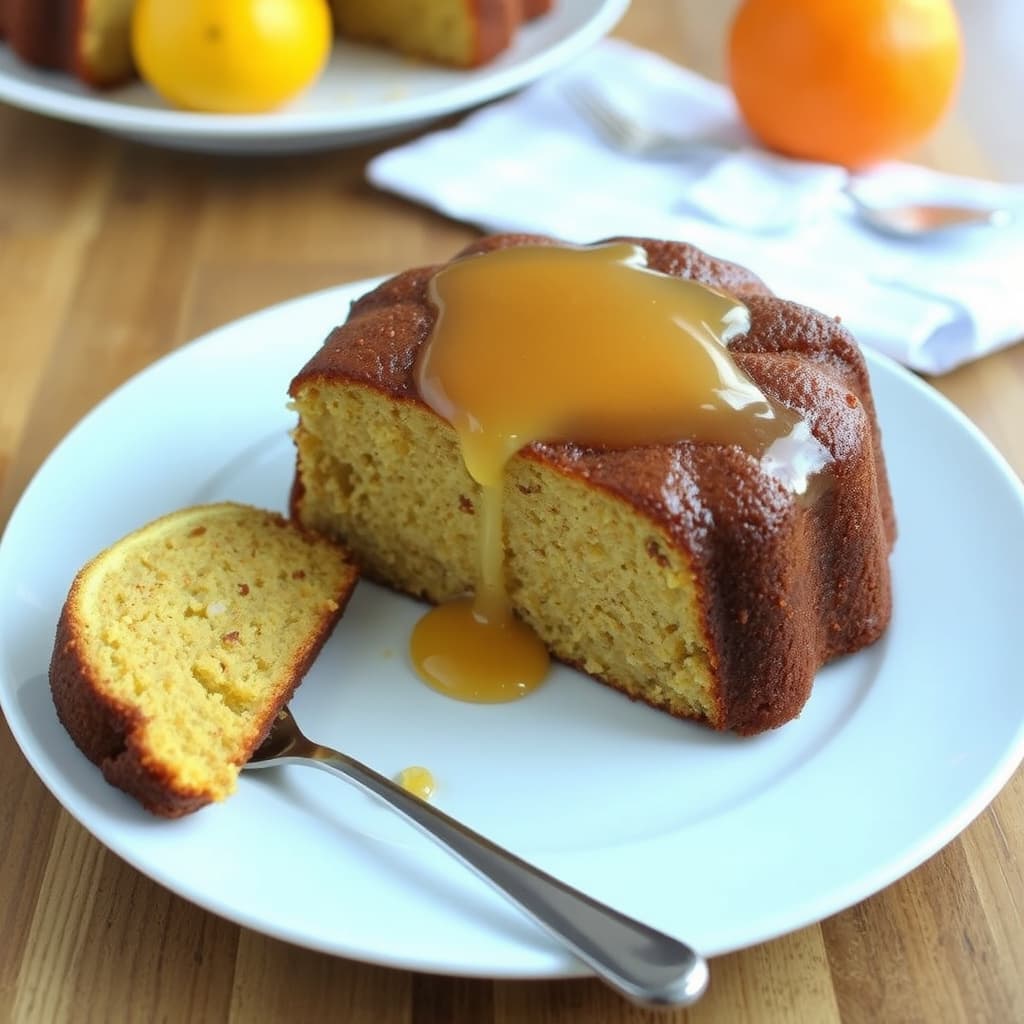 Krydret poundkake med appelsin- og romsaus