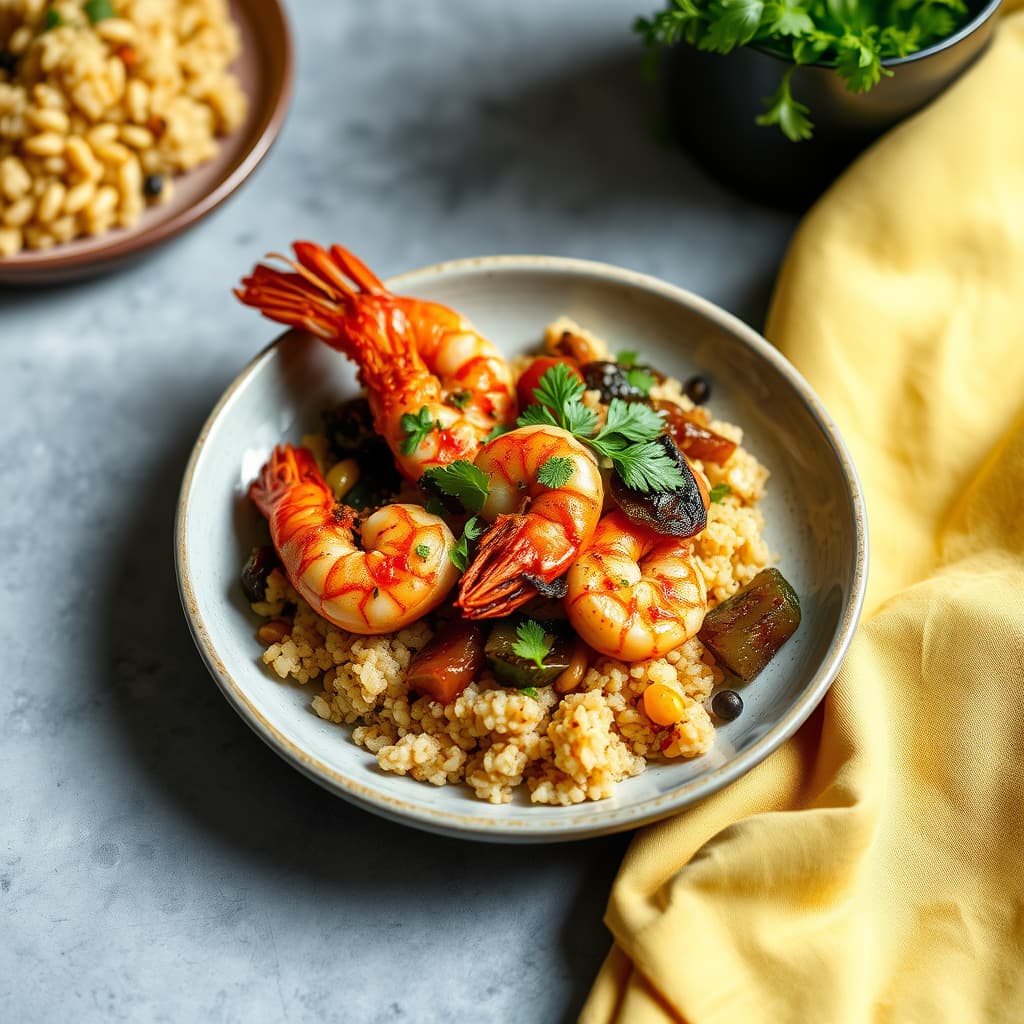 Krydret rockeshrimp med syltegrønnsaker og ristet couscous