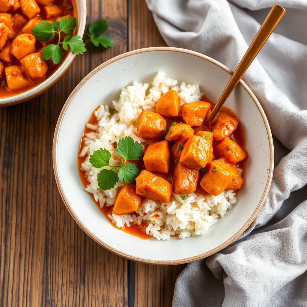 Krydret rød curry med kylling og ris