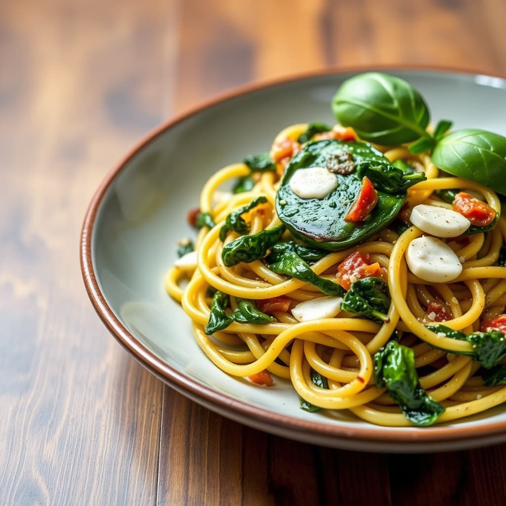 Krydret spinatlinguine med olivenolje og hvitløk
