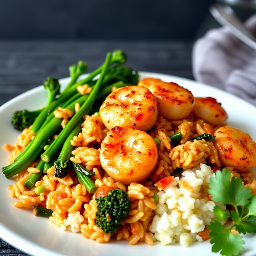 Krydret stekt brunsris med broccolini og kamskjell