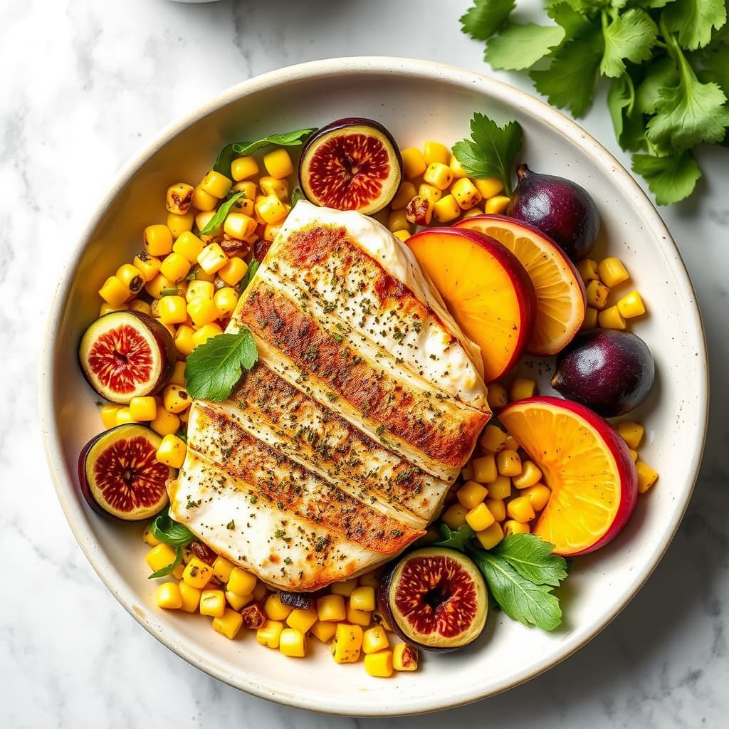 Krydret stekt stripet bass og mais-salat med fiken og fersken