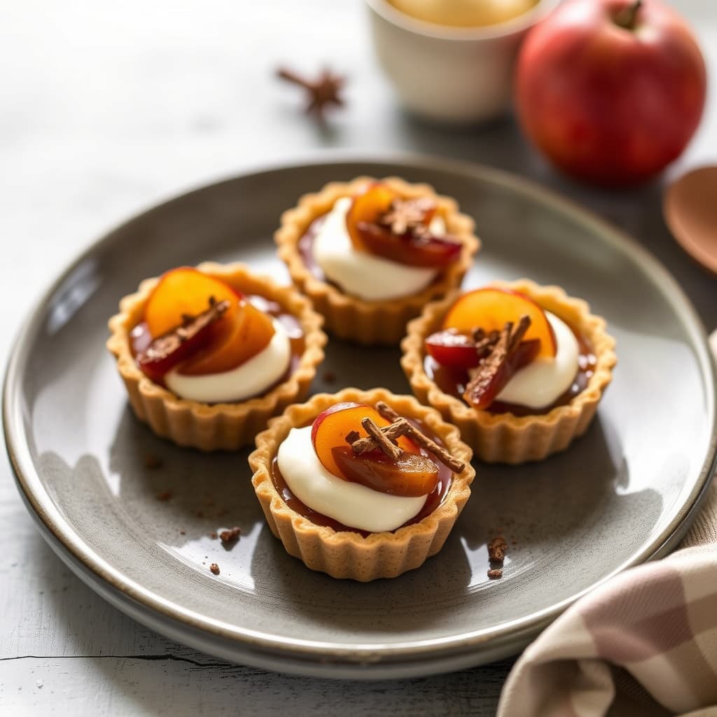 Krydret sukkerplomme- og karamelliserte epletartletter med Calvados-krem