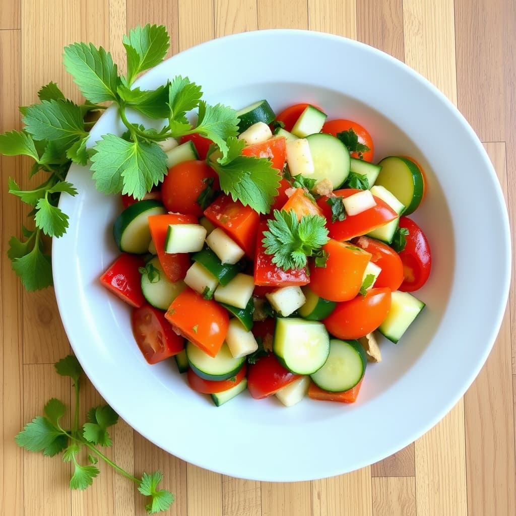 Krydret tomat-, paprika-, agurk-, mynte- og persillesalat