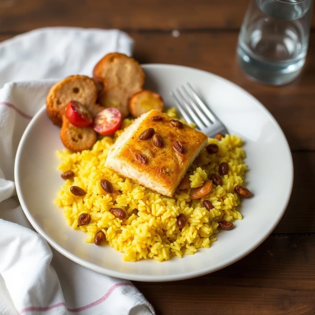 Krydret torsk med gul ris (ris med rosiner)