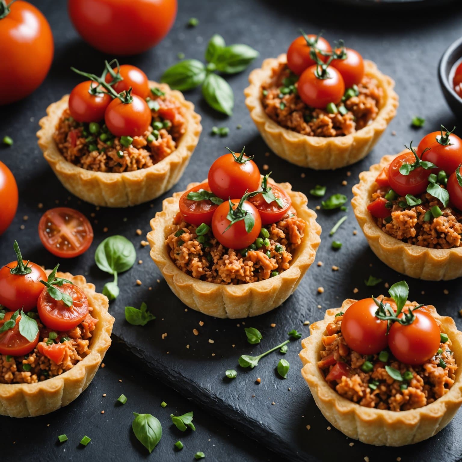 Krydret tunfisktart med fylte tomater