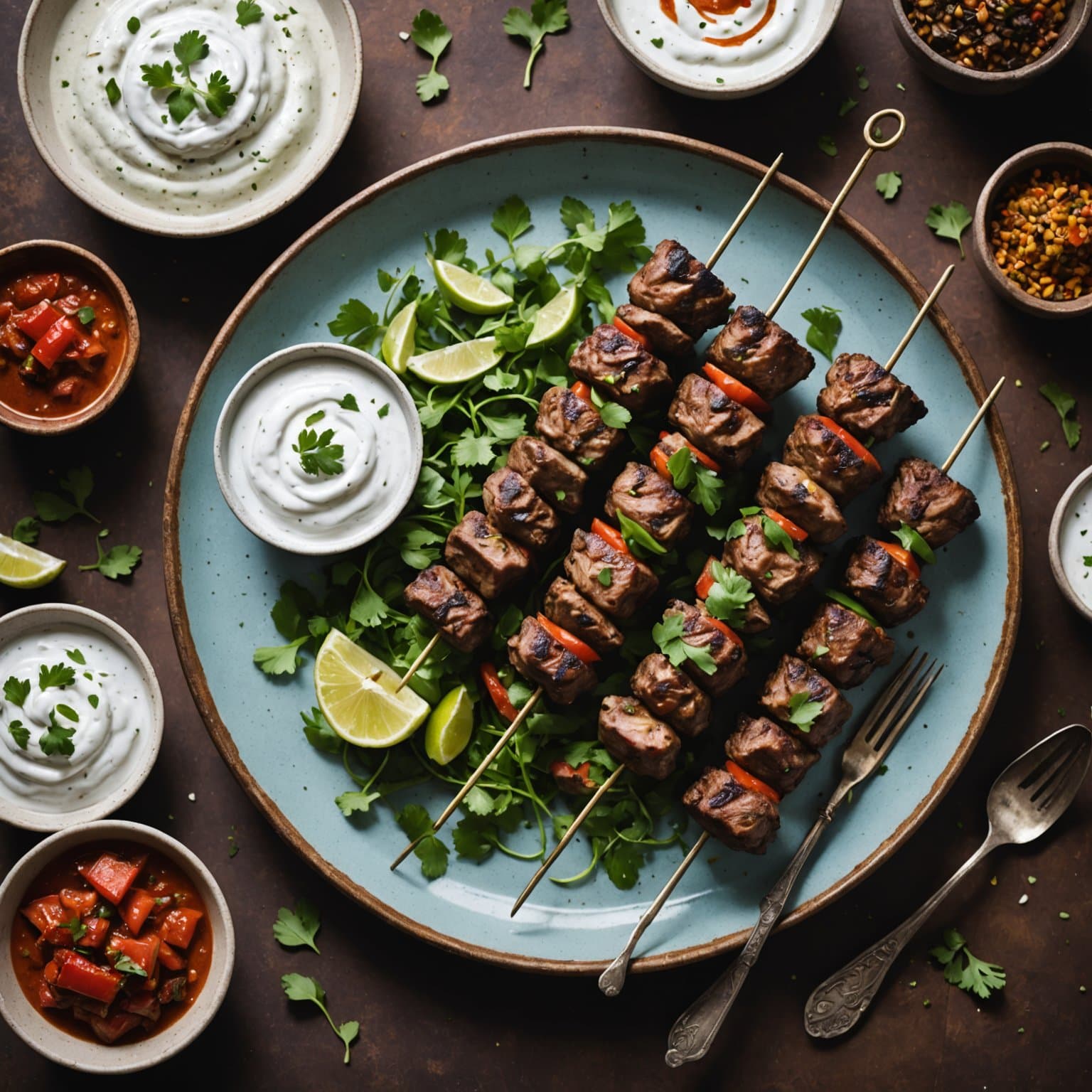 Kummin- og chilimarinert lamkebab med hvitløksyogurt