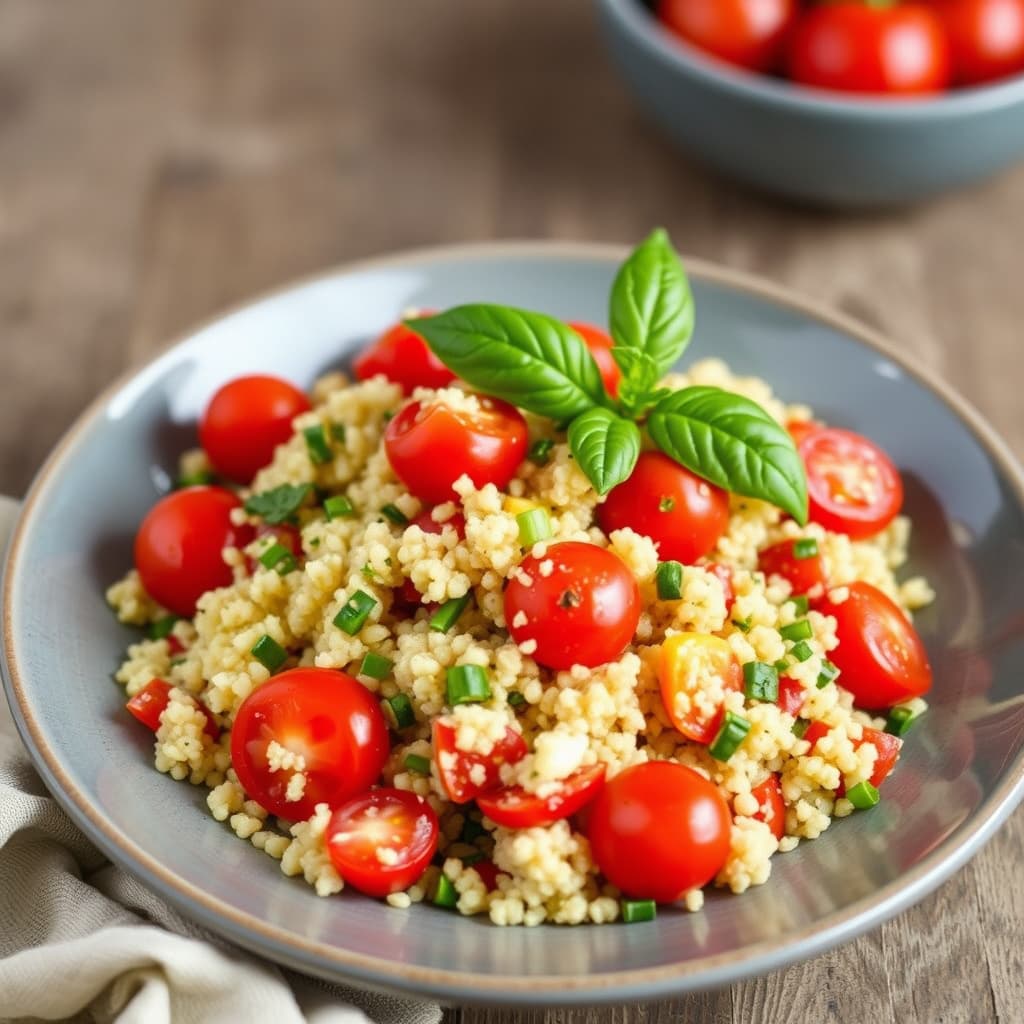 Kuskuss- og cherrytomatsalat med basilikum