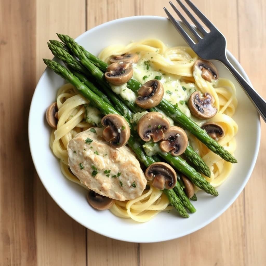 Kylling Alfredo med sopp og asparges