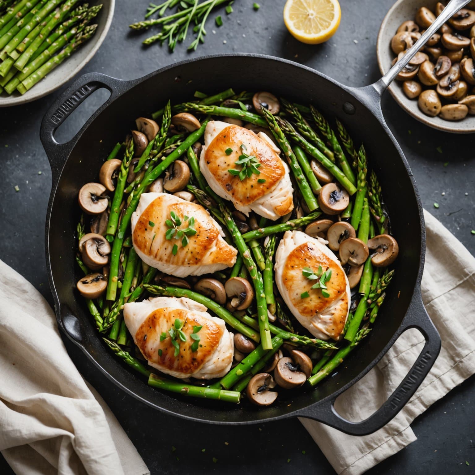 Kylling, asparges og sopp stekepanne