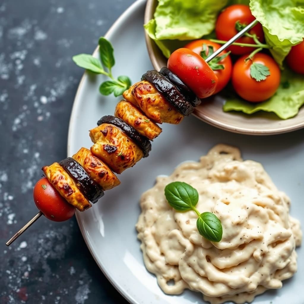 Kylling, aubergine og tomatskiver med indiske krydder på spyd