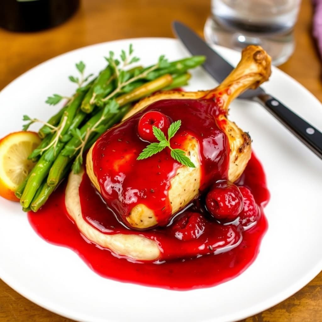 Kylling av typen Cornish Game Hen med bringebær- og rødvinsaus