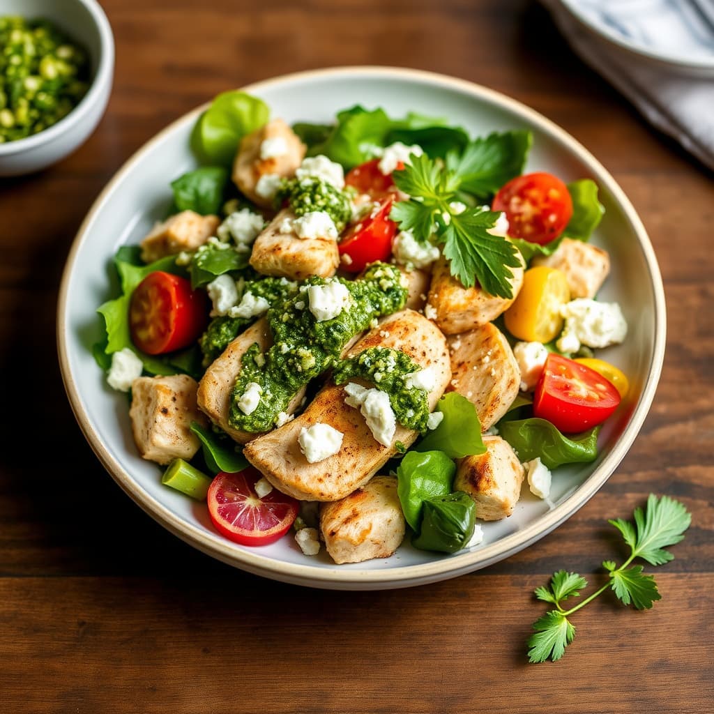 Kylling-Gresk Tikka-salat med persille- og feta-pesto