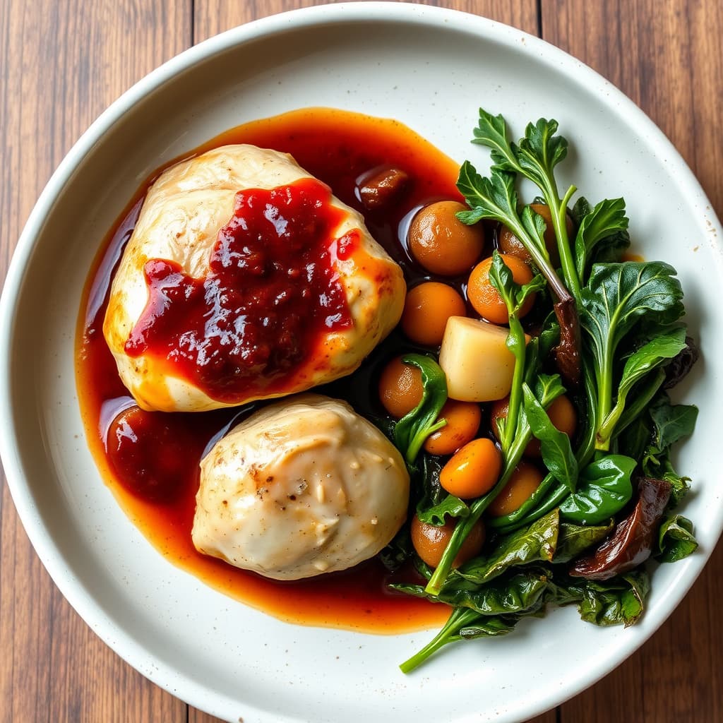 Kylling i rødvinssaus med rotgrønnsaker og wiltede grønnsaker