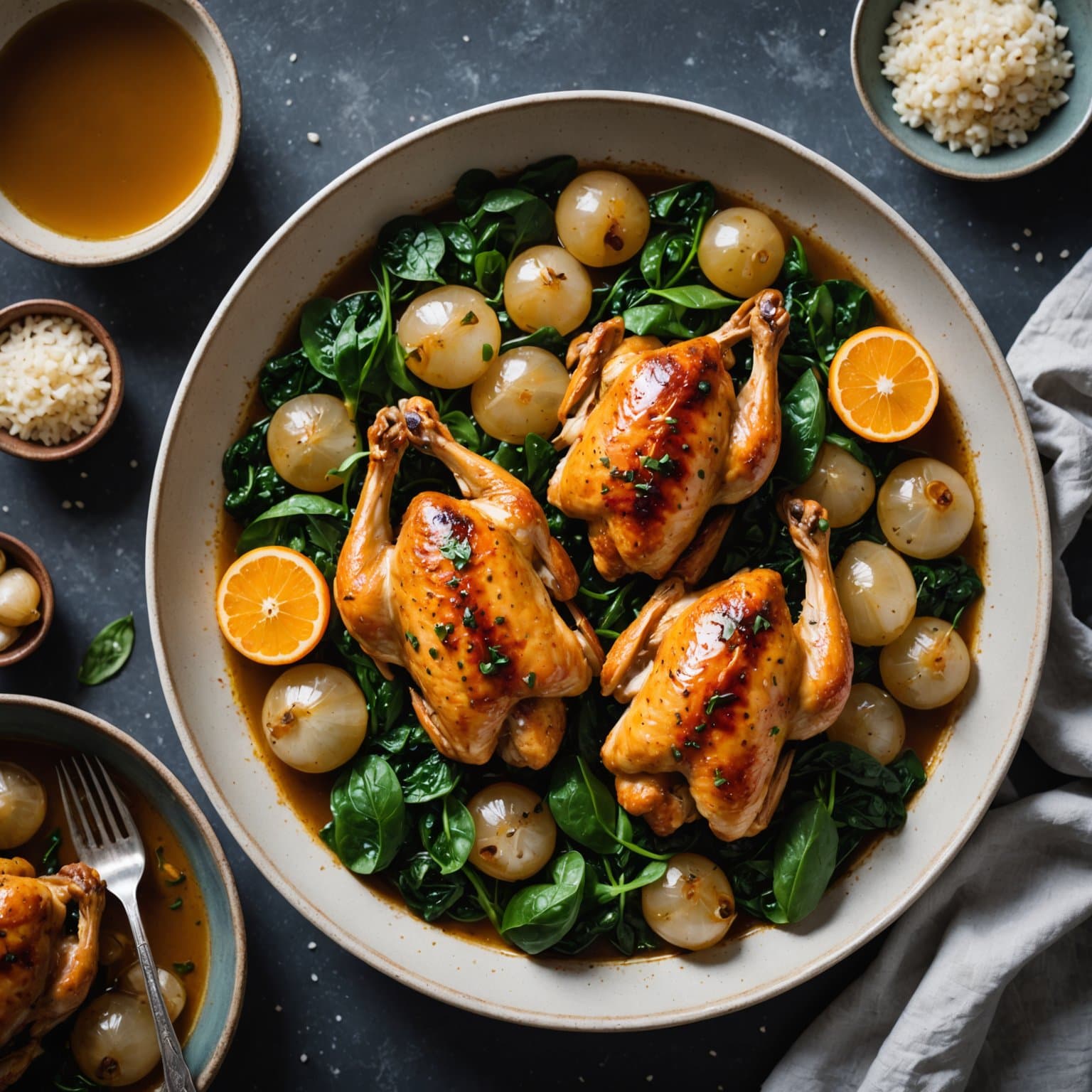 Kylling med eplecidereddik, perleløk, appelsin og spinat