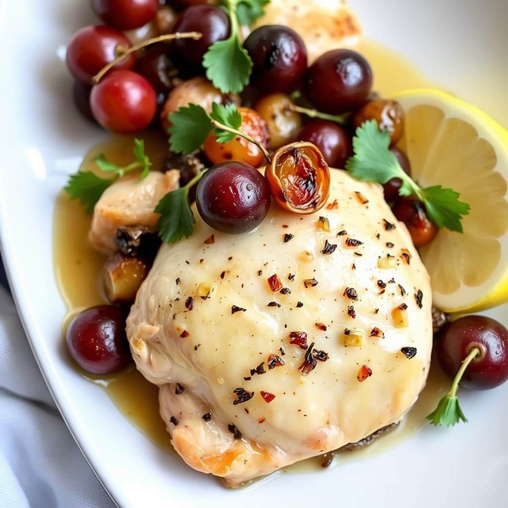 Kylling med ovnsbakte druer og sjalottløk