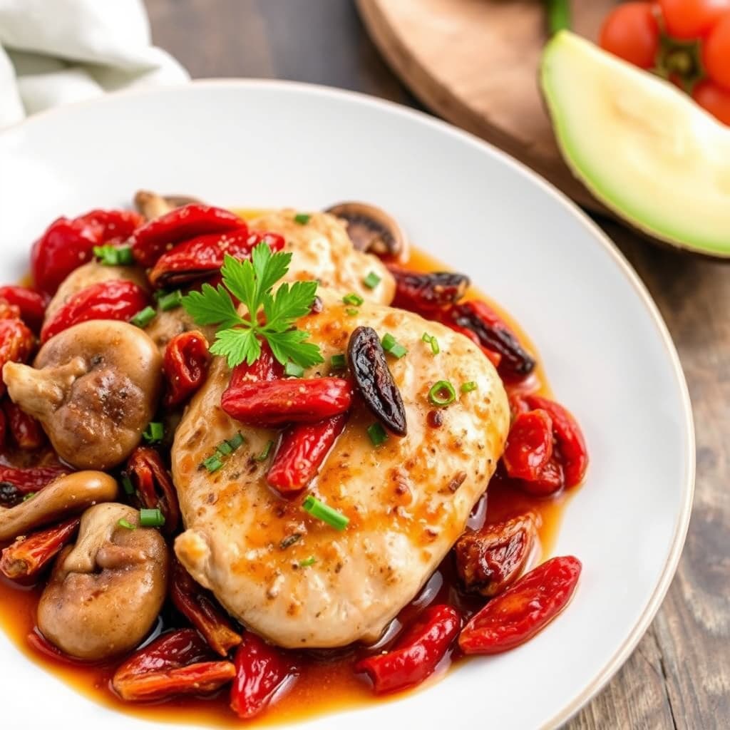Kylling med soltørkede tomater og shiitakesopp