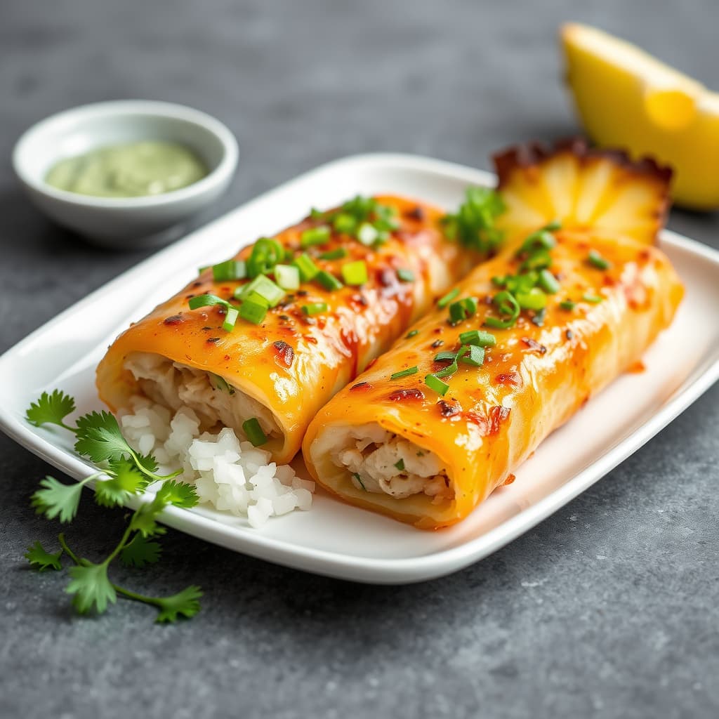 Kylling med vårløk og rumaki, samt ananas rumaki