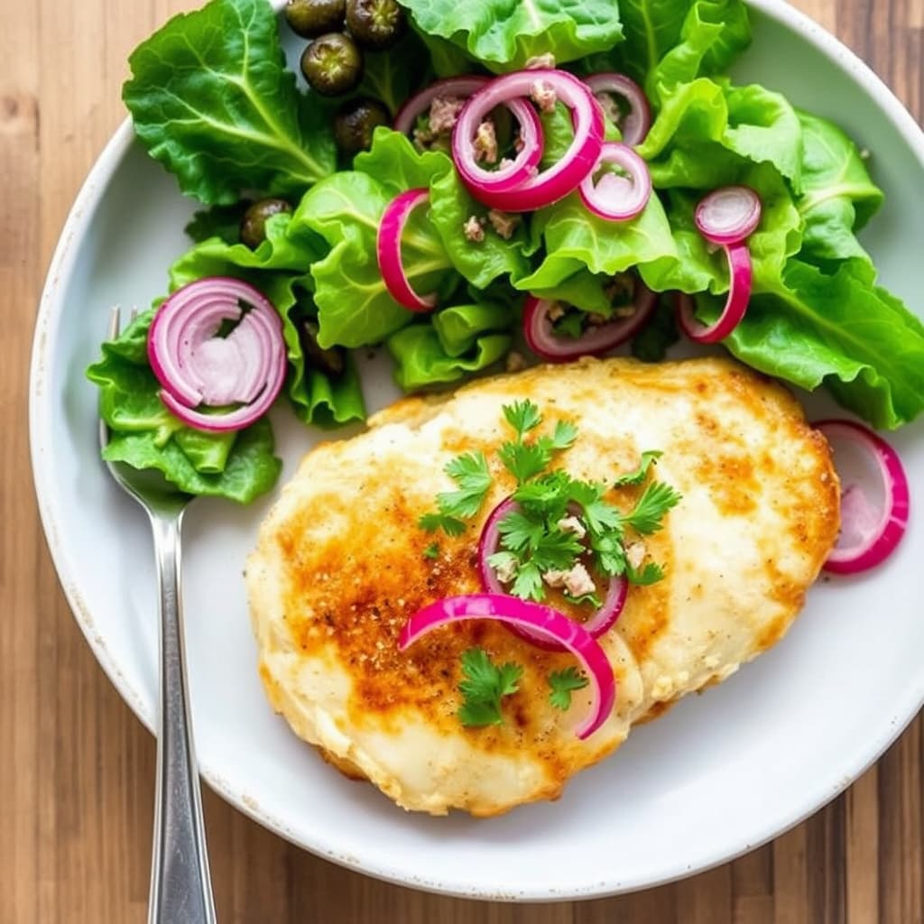 Kylling Milanese med escarolesalat og sylte rødløk
