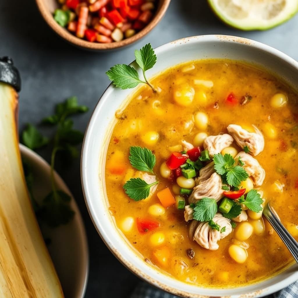 Kylling- og maisuppe med chili-mynte-salsa